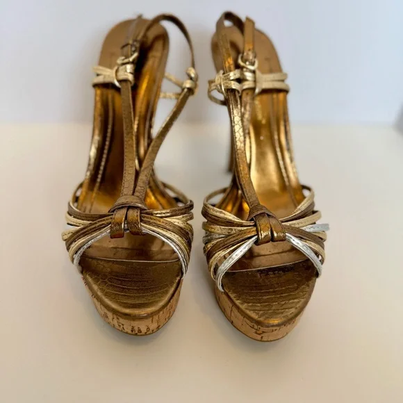 BCBG Gold Strappy Cork Platform Heels, Size 7 - Picture 2 of 11